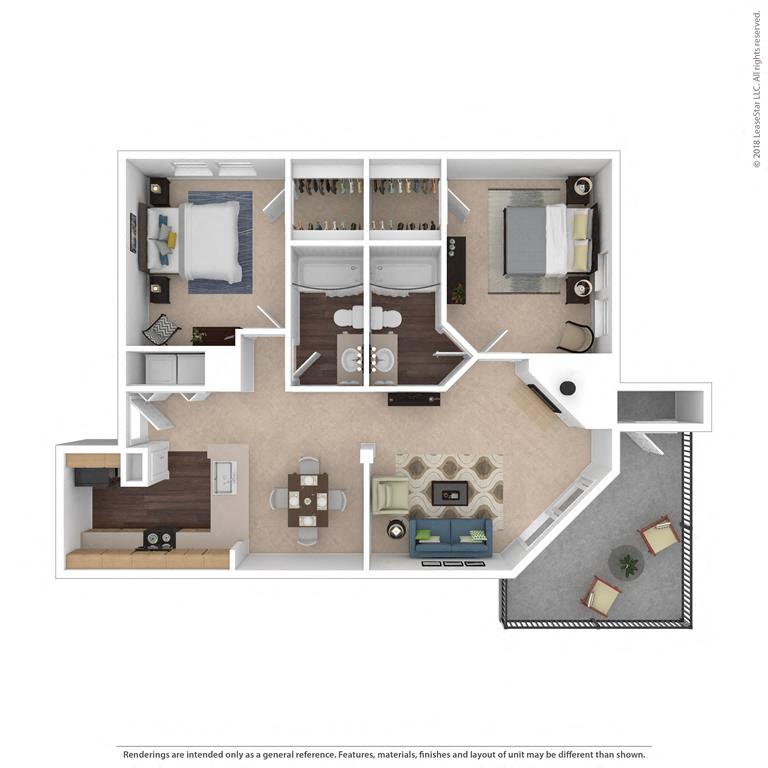 Floor plan for 2 beds, 2 baths, 1121 sqft